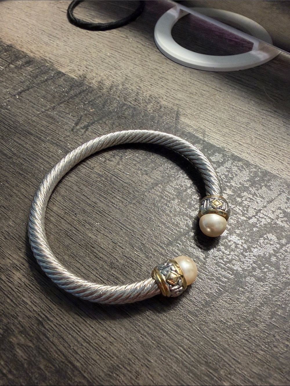 Silver-Tone Cable Cuff Bracelet with Pearl End Caps and Gold Accents